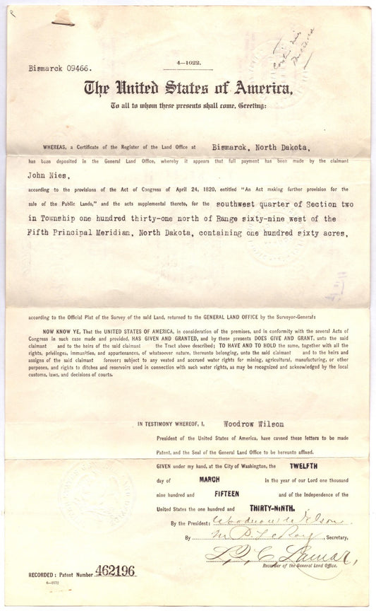 Bismarck South Dakota Woodrow Wilson General Land Office Grant 1915 Embossed