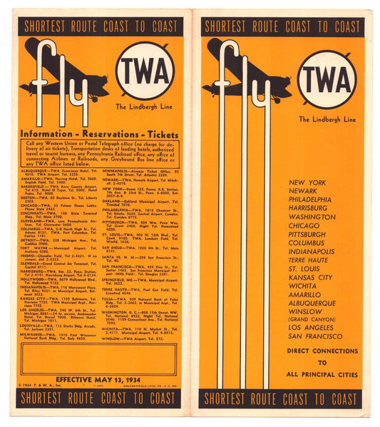 TWA Trans World Airlines 1934 Linbergh Line  System Time Table Booklet