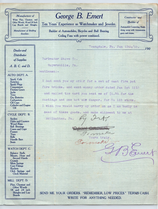 Youngdale PA 1910 George B Emert Watchmaker Automobile Letterhead 8.5 x 11