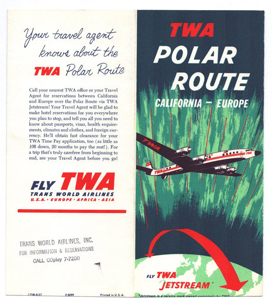 TWA Trans World Airlines 1957 Polar Route System Time Table Brochure